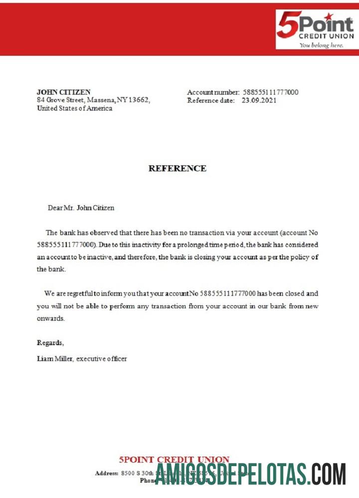 Referência de fechamento de banco de 5 pontos nos EUA exemplo